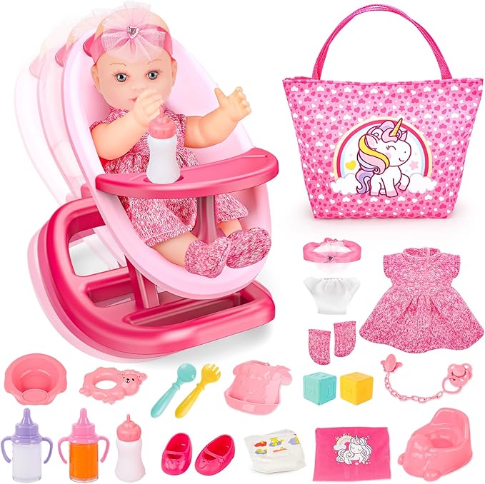 deAO Baby Doll Playset Baby Doll Crib Bed Set Adjustable 2 in 1 Baby High Chair and Rocking Bed, Baby Doll Accessories with 13 Inch Dolls, Feeding Pretend Play Toy Gift for Toddler 3+ Years Old