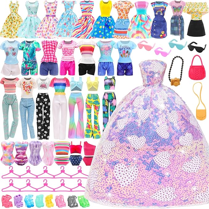 BARWA 37 Pcs Doll Clothes and Accessories for 11.5 Inch Girl Dolls Including 1Sequin Wedding Gown, 5 Tops 5 Pants, 4 Fashion Dresses, 2 Swimwear, 10 Hangers, 5 Pairs of Shoes, Bags, Glasses, Camera