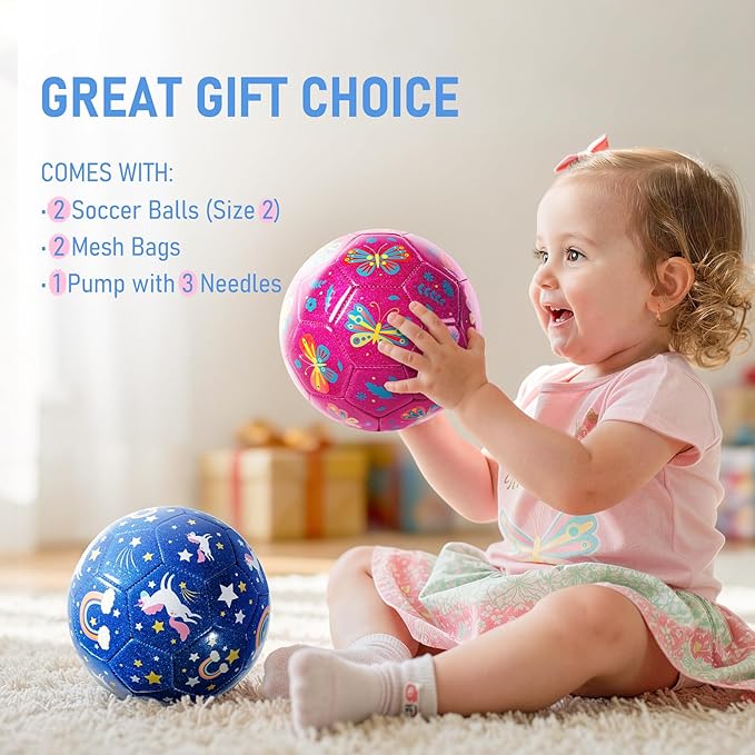 Toddler Soccer Ball Size 2 Size 3 - Small Soft Kids Ball 2 Pack for Ages 1-5 3-8 - Cartoon Sports Toy Boys Girls - Easter Basket Stuffers for Toddlers Kids - Soccer Gift for Indoor Outdoor Games