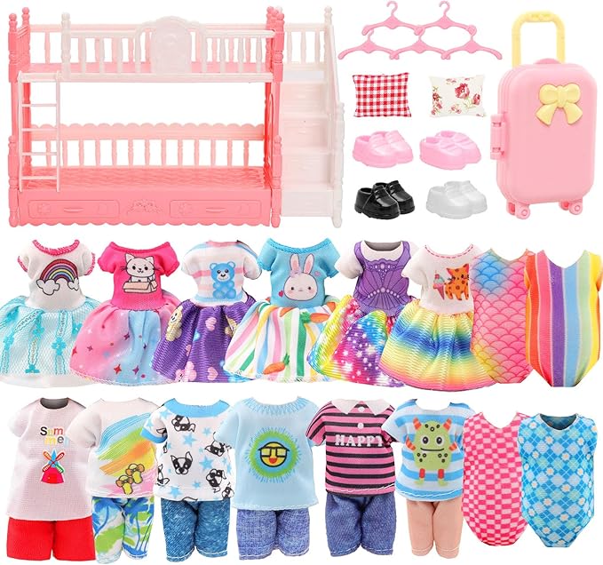 Miunana 24 Pcs Doll Clothes and Accessories 3 Princess Dresses 3 Sets Top and Pants 2 Swimsuits 4 Shoes Dollhouse Mini Bunk Bed Travel Suitcase with 2 Pillows, 5 Hangers for 5.3 Inch Dolls