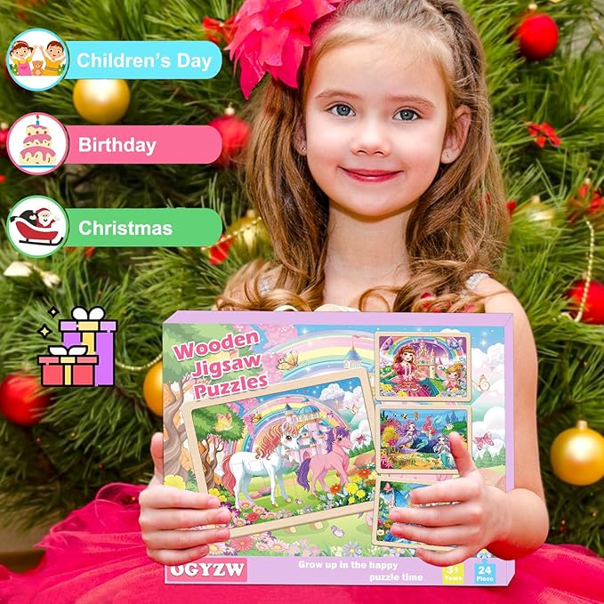Puzzles for Kids Ages 4-6, 4 Packs 24 Pcs Unicorn Princess Mermaid Wooden Jigsaw Puzzles, Preschool Educational Puzzles Toys Gifts for Girls 3 4 5 6 Years Old