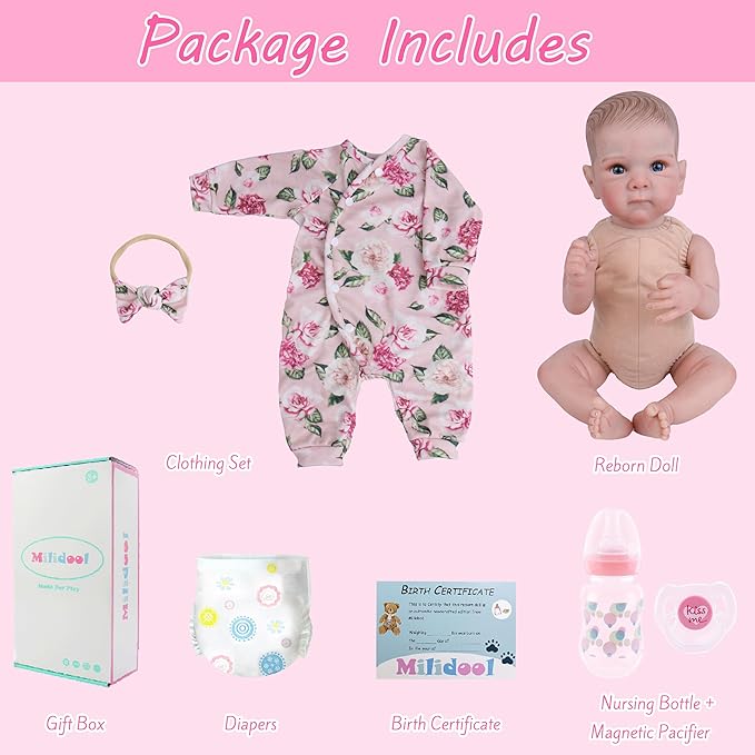 Milidool Realistic Reborn Baby Dolls Girl - 20 Inch Lifelike Real Life Newborn Baby Dolls with Poseable Body and Accessories for 3+ Year Old Girls Gifts, Pretend Play, Collection