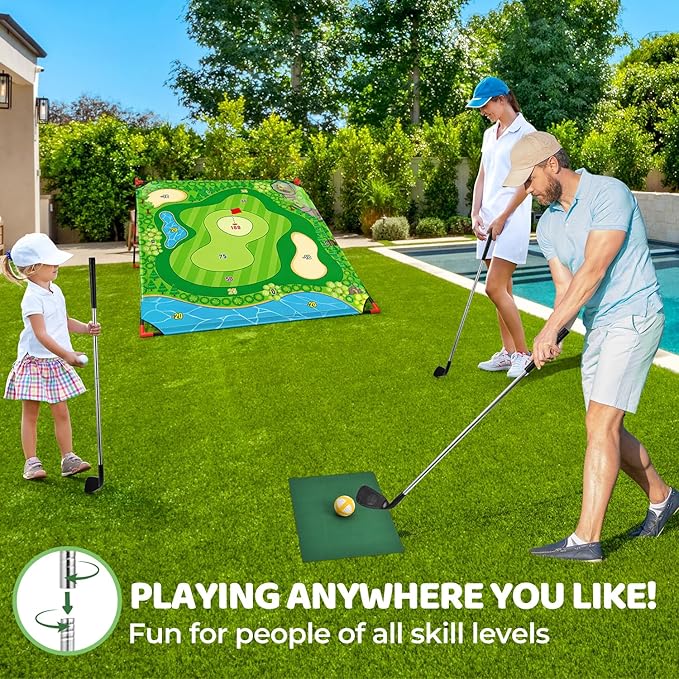 DyBaxa Golf Chipping Game - Golf Battle Game for Kids, 54*54 Golf Target Mat with 16 Sticky Balls, 8 Bean Bag, 6 Axe, 2 Soccer, Perfect for Family Fun, Outdoor Lawn, Poolside, Backyard Party Activity