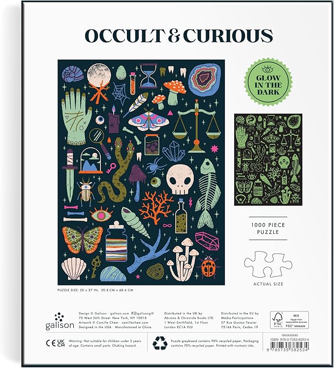 Galison Occult and Curious – 1000 Piece Glow in The Dark Jigsaw Puzzle Featuring an Eerie Collection of Creepy and Spooky Objects