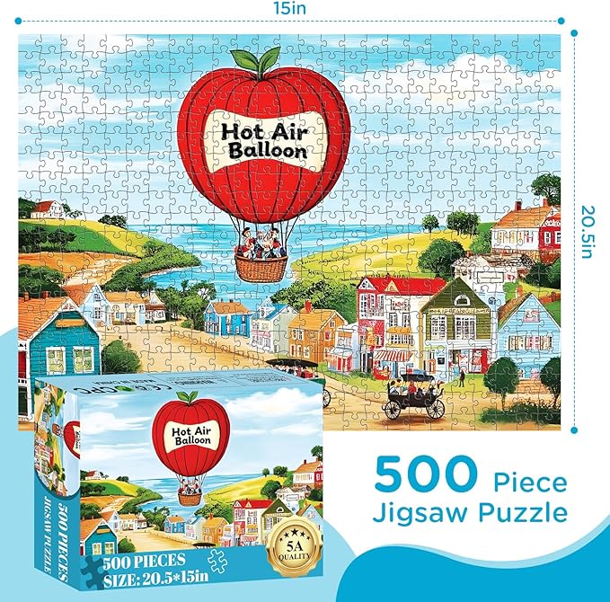 500 Piece Puzzles for Adults, Hot Air Balloon 500 Piece Puzzle, Charming Colorful Houses Jigsaw Puzzles, Relaxing Gifts for Adults, Seniors, Finished Size 20.5” x 15”