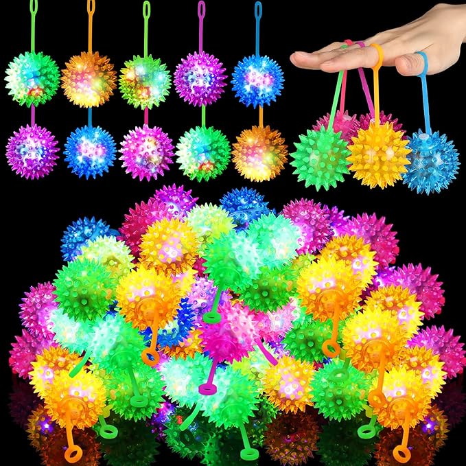 Sotiff 27 Pcs Light up Ball Spiky LED Bouncy Ball Flashing Squeaky Multicolor Puffer Toy Rubber Sensory Toy Carnival Prizes Bulk Party Favors for Teens, Adults, Children