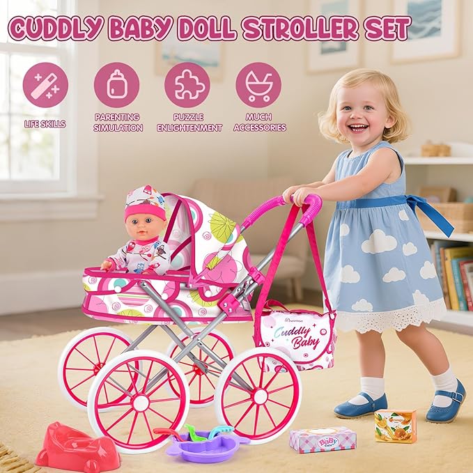 Baby Doll Stroller Toy Set with 12.5'' Doll, Diaper Changing, 2 Doll Clothes, Pacifier, Storage Bag, Baby Doll Accessories and Toy Baby Stroller for Girls Toddlers 3-5 4-6 5-7 Gifts for Pretend Play