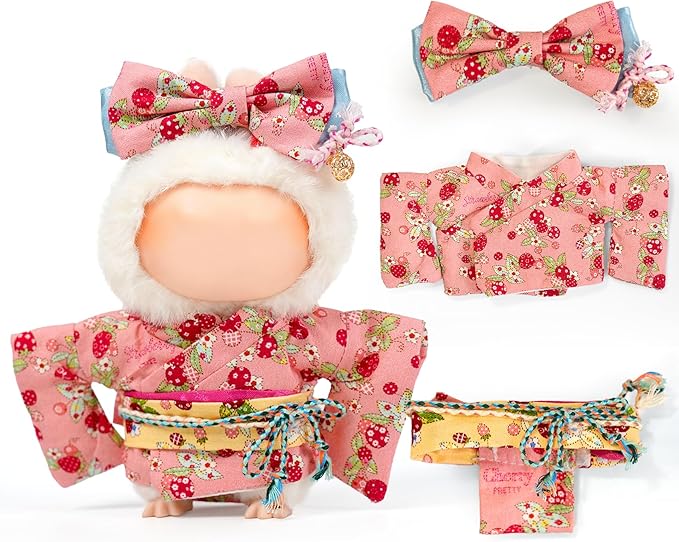 17cm Doll Clothes,Outfit Accessories Kimono Set for 6.7inch Dolls Girls, Kawaii Chic Designer Style Strawberry Butterfly Knot Hairbow+Pink Clothing Pajamas(NO Doll)