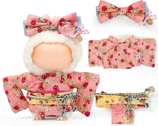 17cm Doll Clothes,Outfit Accessories Kimono Set for 6.7inch Dolls Girls, Kawaii Chic Designer Style Strawberry Butterfly Knot Hairbow+Pink Clothing Pajamas(NO Doll)