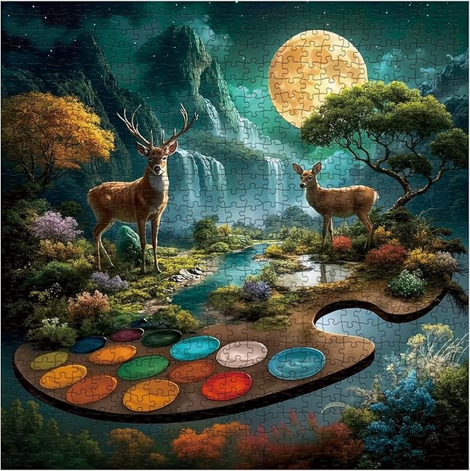 Magic Deer Landscape Puzzles for Adults 1000 Pieces, Fantasy Moon Mountain Tree Jigsaw Puzzle, Colorful Difficult Art Puzzles