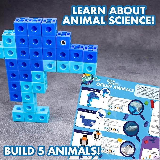 The Young Scientists Club Ocean Animals STEM Cubes,Build,Learn & Create with 100+ Math Cubes Manipulatives,2-in-1 Educational Games,Math Cubes for Kids Ages 4-8,Multi,One Size