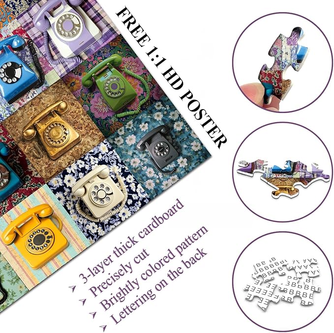 PICKFORU Retro Telephone Collage Jigsaw Puzzles 1000 Pieces, Colorful Wired Telephones Puzzles for Adults, Vintage Art Collection Jigsaw Puzzle