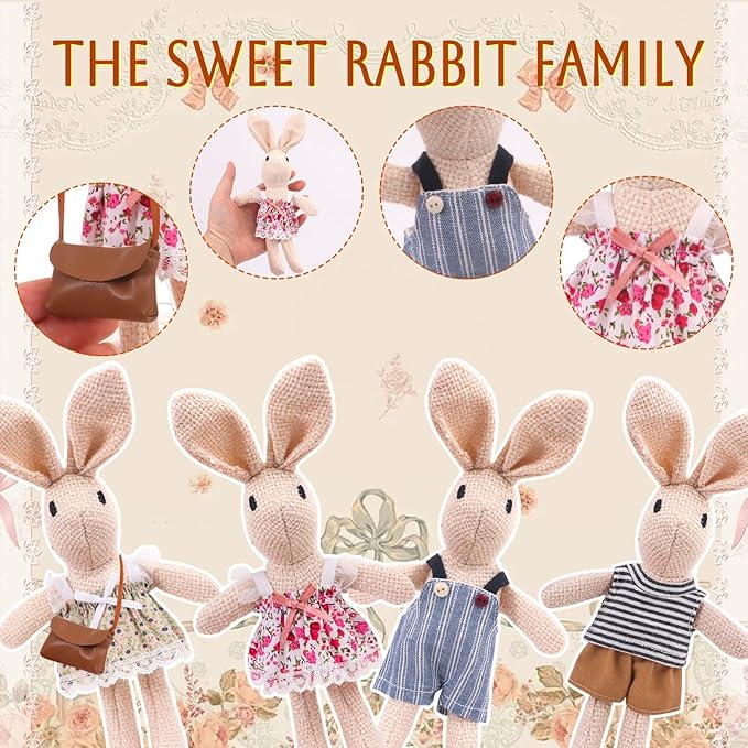HAPGFS Handmade Rabbit Family Dolls Set of 4 with Removable Outfits & Bag, Realistic Dollhouse People Figures for Imaginative Play, Kids Room Decoration, Easter Bunny