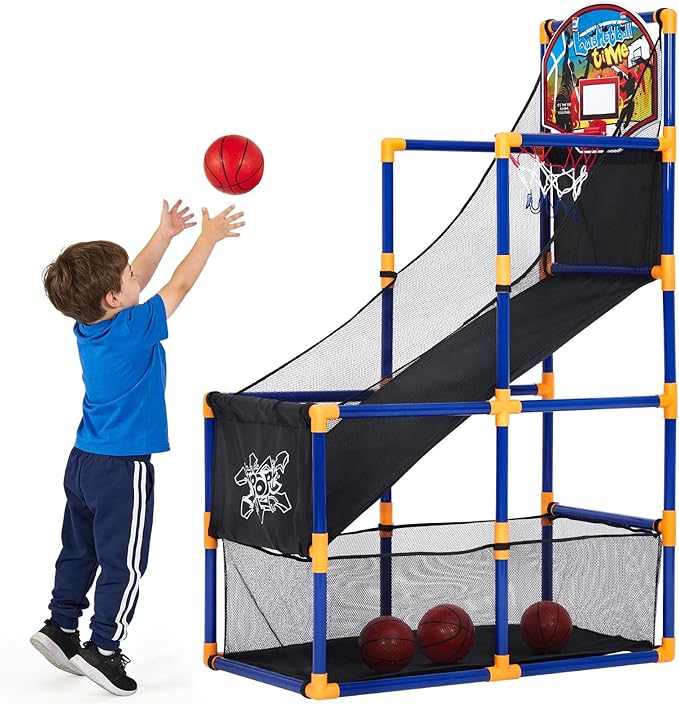 Basketball Arcade Game Set with 4 Balls – Indoor & Outdoor Basketball Hoop and Dart Game, Height Adjustable Sports Toy with Ball Return Ramp for Boys & Girls Ages 3+