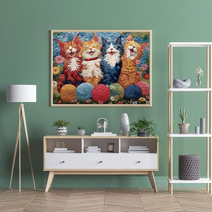 Puzzles for Adults 500 Pieces - Joyful Cat, Quilted Patchwork Artwork Style, Impossible Cat Jigsaw Puzzles, Finished Size 20.47 * 14.96”, with 1:1 Poster, Letter on The Back