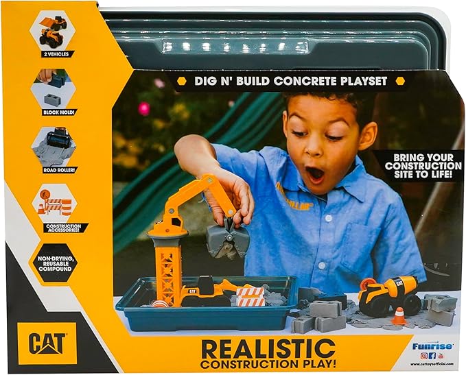 CAT Dig N Build Concrete Playset 12-oz Moldable Concrete Compound, Crane, 2 Little Machines Vehicles, Construction Molds & Easy-Cleanup Tray, Sensory STEM Kit for Kids Ages 3 +
