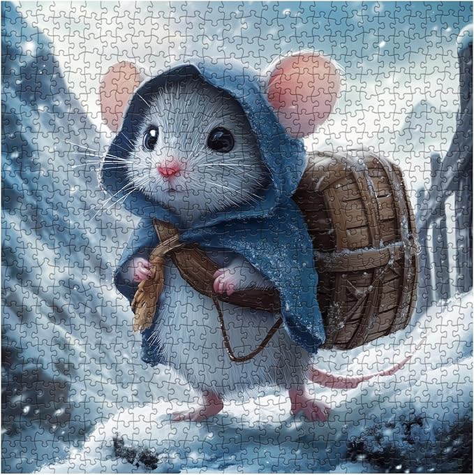 Funny Mouse Puzzles for Adults 1000 Pieces, Cute Winter Animal Art Jigsaw Puzzles, Difficult Aesthetic Challenging Snowy Puzzle