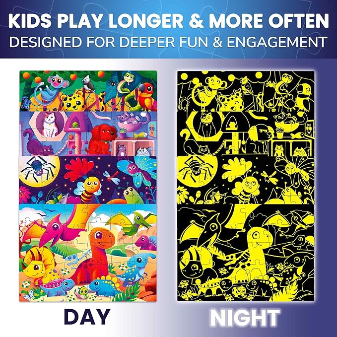 QUOKKA Puzzles for Toddlers 4-6 – 4x30 Pieces Puzzles for Kids Ages 3-4 – Glow-in-The-Dark Dinosaur & Animals Learning Jigsaw Puzzle for Kids 3-5 Years Old