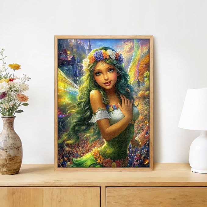 Enchanted Forest Fairy Queen 1000 Piece Jigsaw Puzzle for Adults - Fantasy Castle Festival Scene with Iridescent Wings, Poster & Lettered Back, 20"x28" HD Quality, Gift for Fantasy Lovers