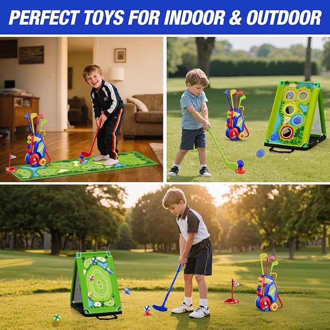 3 in 1 Toddler Golf Set with Putting Mat & Sticky/Golf Game, Kids Golf Club with 8 Balls, 4 Plastic Clubs, Scoreboard, Indoor Outdoor Sport Toys with Golf Cart Gift for Boys Girls Aged 2-5, Blue