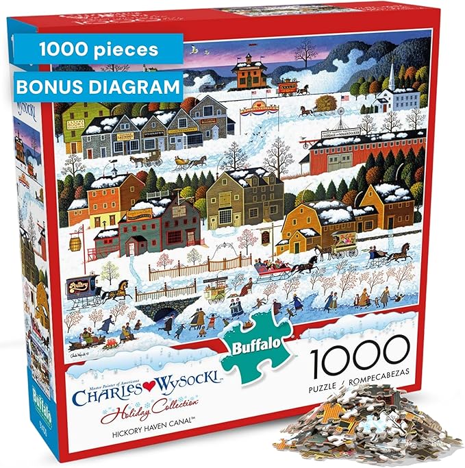 Buffalo Games – Charles Wysocki - Hickory Haven Canal - 1000 Piece Christmas Jigsaw Puzzle - Festive, Holiday Puzzles for Adults – Precision-Cut Pieces, Winter Artwork, Relaxing Fun