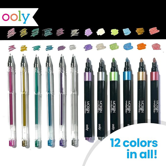 Ooly 13 PC Metallic Drawing Kit Includes 6 Metallic Markers, 6 Metallic Gel Pens and 40 Sheets of Black & White Paper, 20 for Each Color