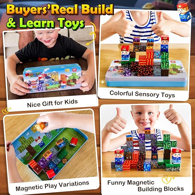 Soyee Magnetic Blocks Travel Toys with Metal Tin Travel Essentials STEM Learning Outdoor Building Kids Toddler Toys & Birthday Gifts for Boys Girls Ages 3+