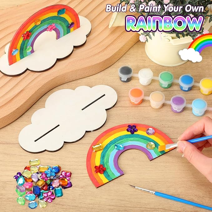 12 Sets Christmas Rainbow Painting Craft for Kids Party Favors, Art Wooden Painting Sets for Party Favors Brush Kit Return Gifts, Birthday Supplies Class Make Your Own Craft Kits