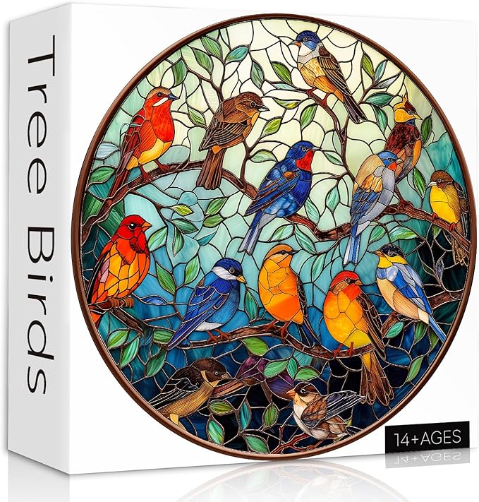 Stained Glass Puzzle Bird Puzzles for Adults 1000 Pieces, Colorful Round Bird Tree Jigsaw Puzzle, Impossible Hard Difficult Puzzles for Adults, Challenging Puzzles as Home Wall Decor