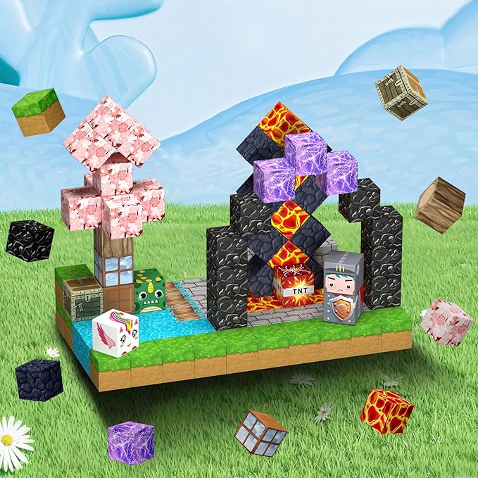 100PCS Magnetic Blocks - Magnet Cubes Toys Stacking, Build Mine Magnet World Magic Portal Set, STEM Montessori Stacking Toy for 3+ Year Old Boys&Girls (Forest and Castle)