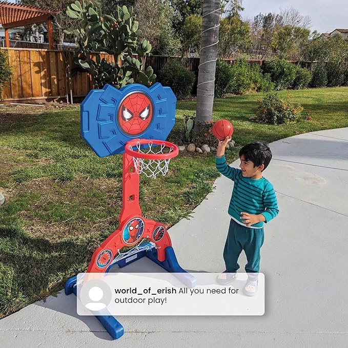 Delta Children Marvel Spider Man 4-in-1 Sports Center – Adjustable Easy Score Basketball Hoop, Soccer/Hockey Net and Golf Game, Red/Blue