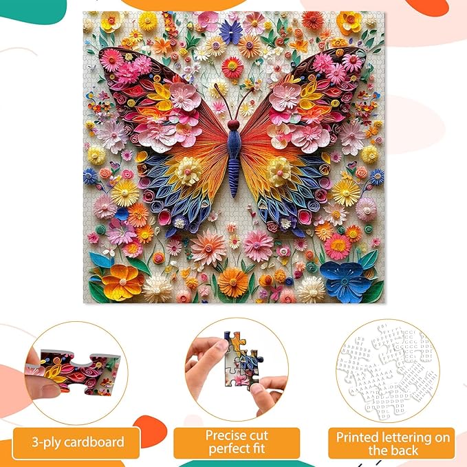 1024 Piece Butterfly Flowers Jigsaw Puzzle for Adults, Colorful Flowers Puzzles for Adults 1000 Pieces, Challenging Puzzle for Friends Family Activity Game Nights, Finished Size 19.7" x 19.7"
