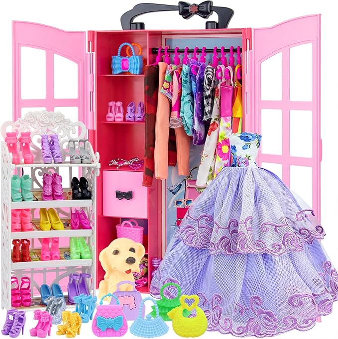 Ecore Fun 120 Pcs Fashion Doll Closet Wardrobe for Clothes and Accessories Storage Include Clothes, Dresses, Shoes, Shoes Rack, Bags, Necklace, Hangers for 11.5 Inch Girl Doll Clothes