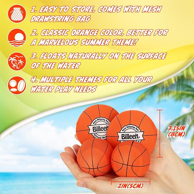 4Pcs Water Skipping Balls for Pool Play, Water Pool Beach Swim Toys for Kids Ages 4-8, 8-12 and Adults, Include 2 Balls and 2 Discs