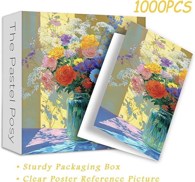 PICKFORU Wildflowers Vase 1000 Piece Puzzle for Adults, Oil Painting Flower Jigsaw Puzzle, Gradient Art Plant Puzzles