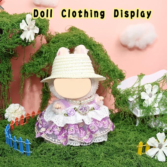 Clothes for labubu Skirt Set for Doll 3 Piece Set with Dress Outfit Hat Necklace Chic Dress for Dolls Accessories (NO Doll)(Lavender Lace)
