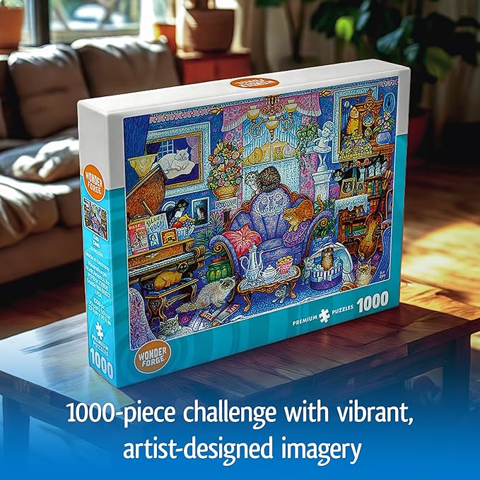 Wonder Forge Cats in The Blue Room 1000 Piece Jigsaw Puzzle for Adults | Unique, Perfectly-Fitting Pieces | Fun, Vibrant Imagery | Amazon Exclusive