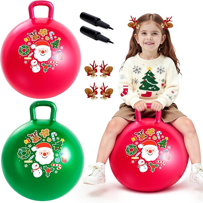 ZOOJOY Hopper Ball 2-Pack Set for Girls&Boys 3-8 with Free Hair Clips, Festive Red & Green 18in Bouncy Ball with Handle for Kids, Christmas Toys Indoor and Outdoor Play Includes Pumps
