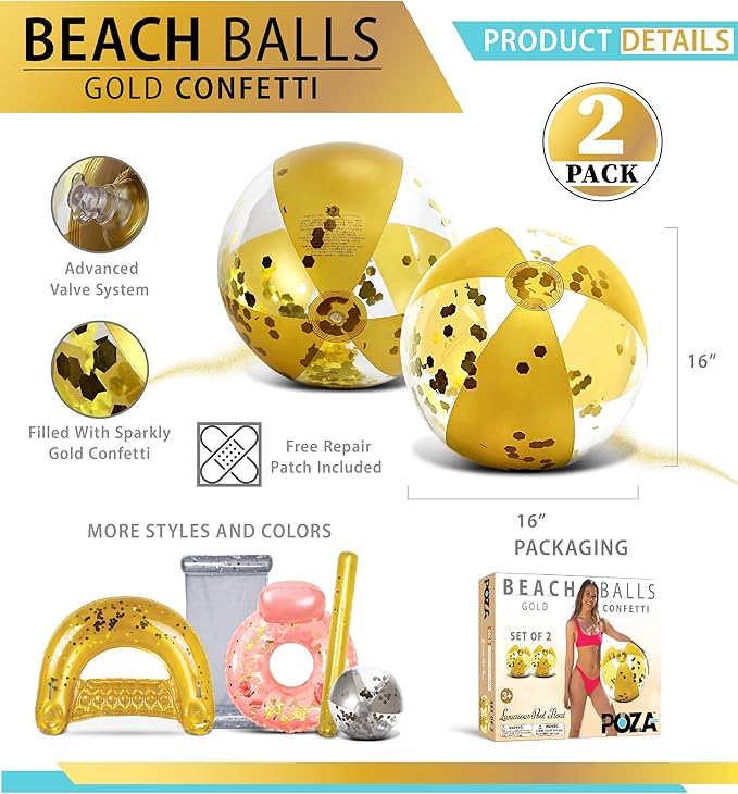 POZA Inflatable Beach Balls - Elegant Glitter Confetti Premium Floaters, Heavy Duty Vinyl Floatation Pool Toys for Pool Beach Party, UV Resistant Pool Décor