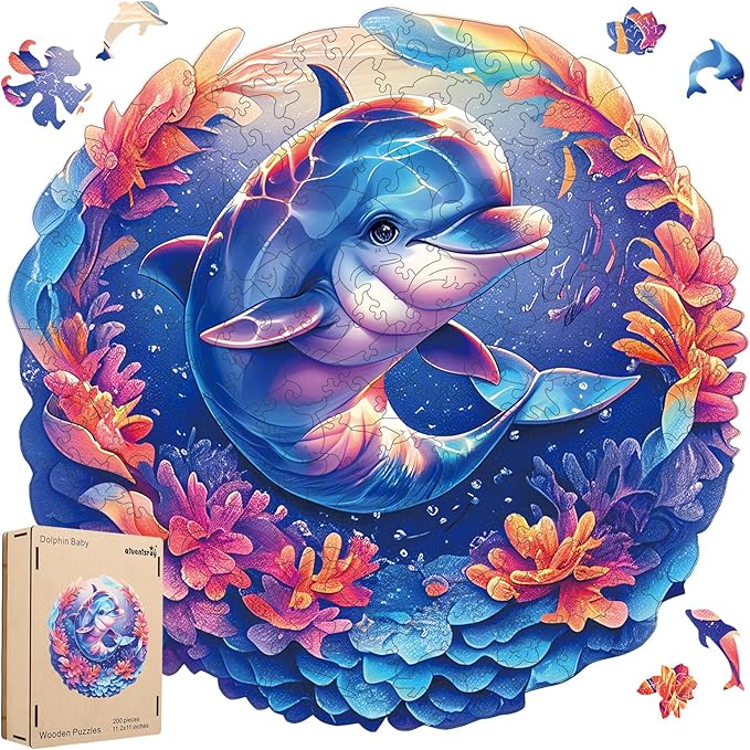 Qiuenisray Wooden Puzzles for Adults, Dolphin Baby Jigsaw Puzzles 200 Pieces, FSC Certified Unique Ocean Adult Puzzles, Wood Puzzles Creative Gift for Family Game 11.2x11.2 in