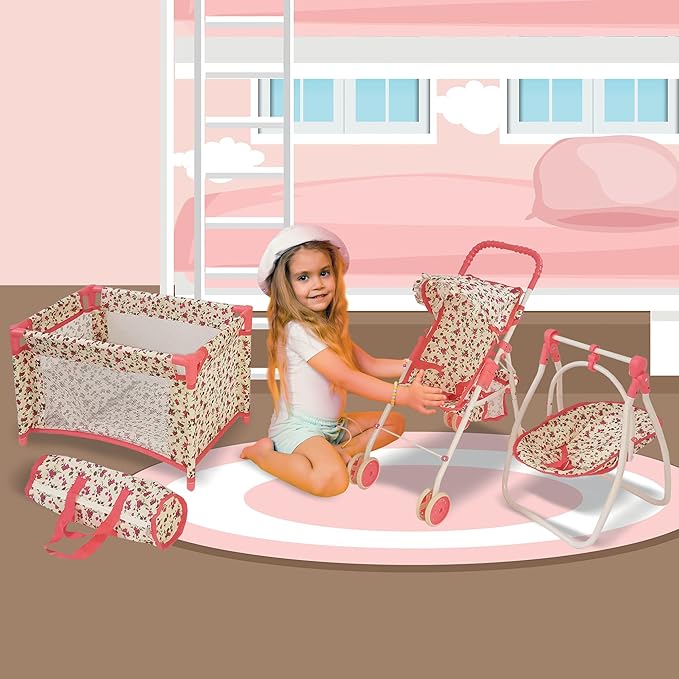 Deluxe Baby Doll Stroller and Crib Furniture Playset, Multi Baby Doll Accessories Set for 18" Dolls, Includes Doll Stroller Swing and Doll Bed Pretend Play for All Dolls - Floral