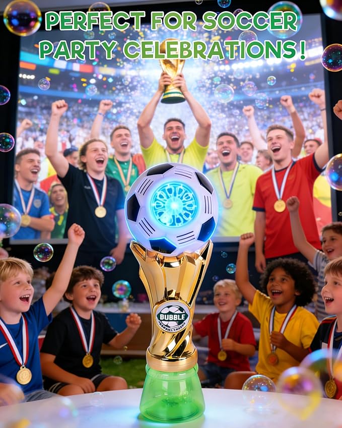 Bubble Machine for Kids – Football Trophy Shape, Automatic Bubble Gun Band with Blue LED Light, Leak-Proof, Includes Bubble Solution, Perfect Outdoor Toy for Toddlers Boys & Girls Ages 3-8