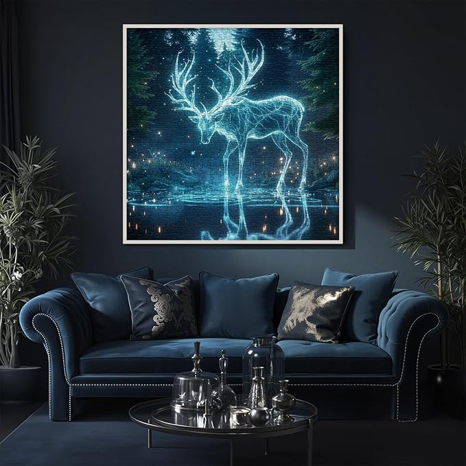 Fantasy Glowing Deer Puzzles for Adults 1000 Pieces Nature, Magic Animal Forest Art Jigsaw Puzzles, Pretty Wildlife Plant Tree of Life Reindeer Impossible Puzzle