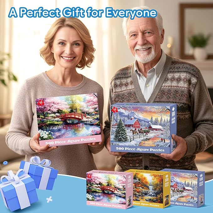 3 Pack 500 Pieces Puzzles for Adults, Spring Autumn Winter Puzzle for Adults Elderly, Colorful 4 Seasons Jigsaw Puzzle, Recycled Paper Puzzle 500 Pieces, Family Activity Game Nights Gifts 20.5x15 in
