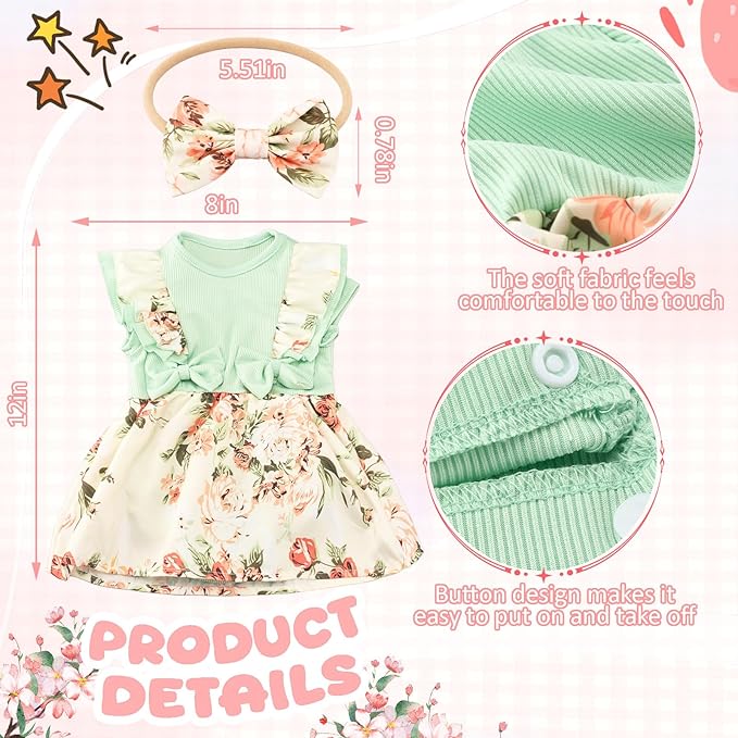 3 Set 20 Inch Reborn Baby Doll Clothes Colorful Floral Baby Doll Clothes Printed Dress Accessories with Headband Bulk for Girl Get Dressed, Including Light Green, Khaki, Pink