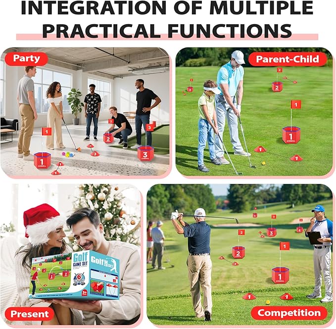 Golf Bucket Yard Game, Backyard Golf Set for Kids, Adults and Family, Outdoor and Indoor Portable 6 Holes Golf Course with Balls, Flags and Carry Bag for Lawn, Park, Beach and Hotel - Red