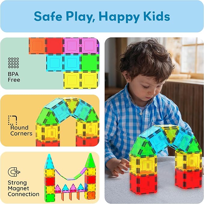 PicassoTiles Magnetic Building Block Magnet Tile Construction Kit for Kids Educational STEM Learning Playboard Pretend Play Toy Stacking Shapes Brain Development Preschool Toddler Activity Set PTE04