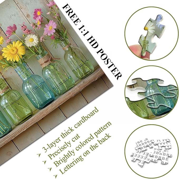 Wildflower 1000 Piece Puzzle for Adults, PICKFORU Whispering Blooms Summer Flower Garden Jigsaw Puzzle, Challenging Retro Vibrant Sunflower Vase Theme as Home Decor