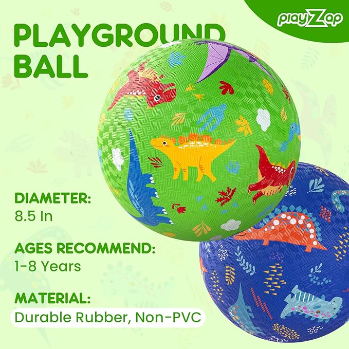 PlayZap 2 Pack Playground Balls for Toddlers, Dinosaur Kickballs for Kids 3-12, 8.5" Rubber Bouncy Balls with Pump, Indoor & Outdoor Dodgeball Toys for Boys & Girls Gifts
