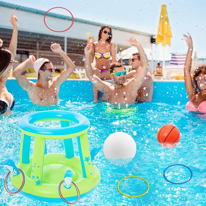 Jasonwell Pool Toys Games Set - 3 in 1 Pool Volleyball Net Basketball Hoop Ring Toss Game Inflatable Floats Water Floating Volleyball Swimming Pools Games Party Gift for Kids Adults (Green&Blue, L)